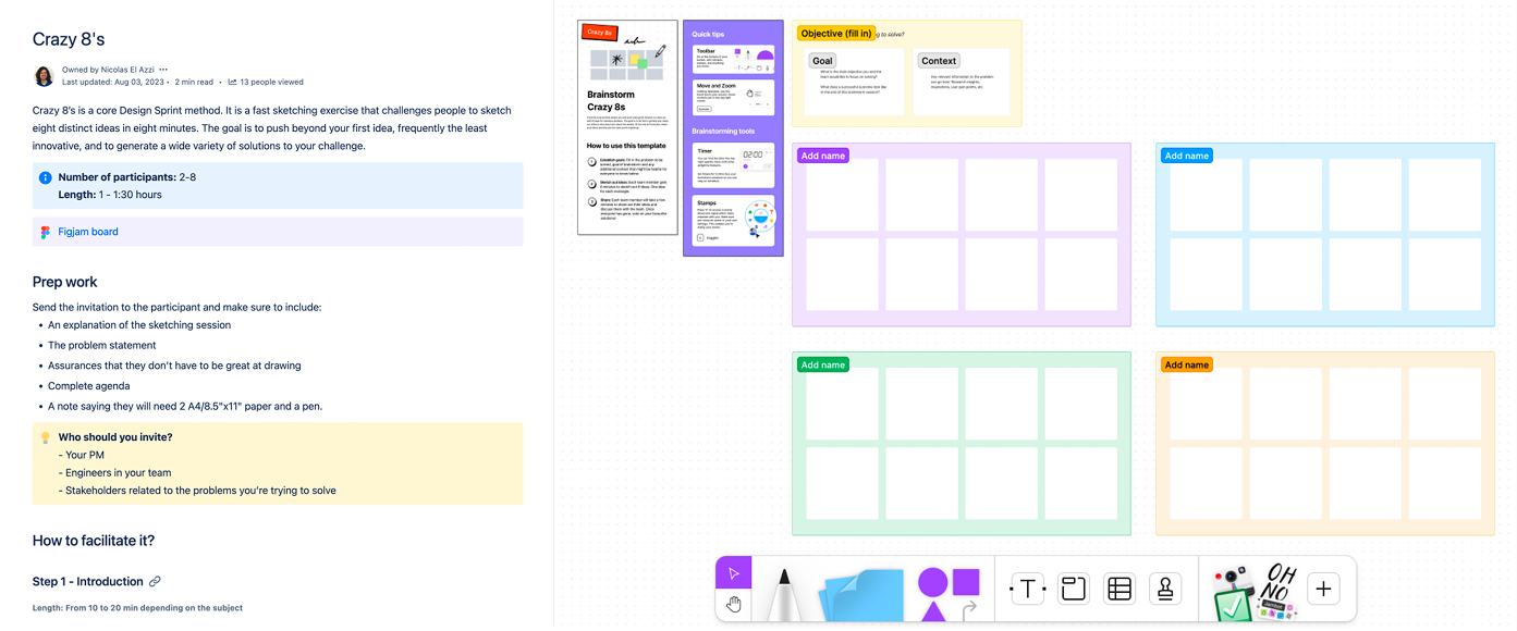 Workshop step-by-step guides paired with ready-to-use Figjam board templates (e.g., Crazy 8s)